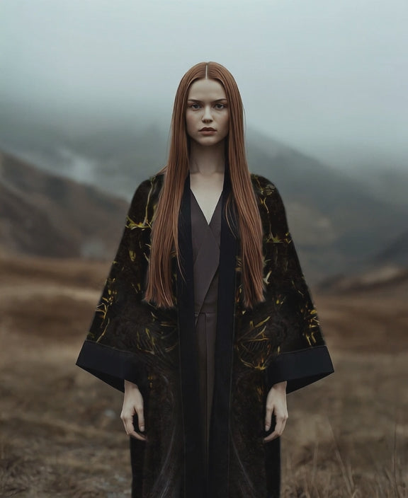 Elegant statement kimono with shimmering highlights and moody tones, inspired by lightning over a night forest
