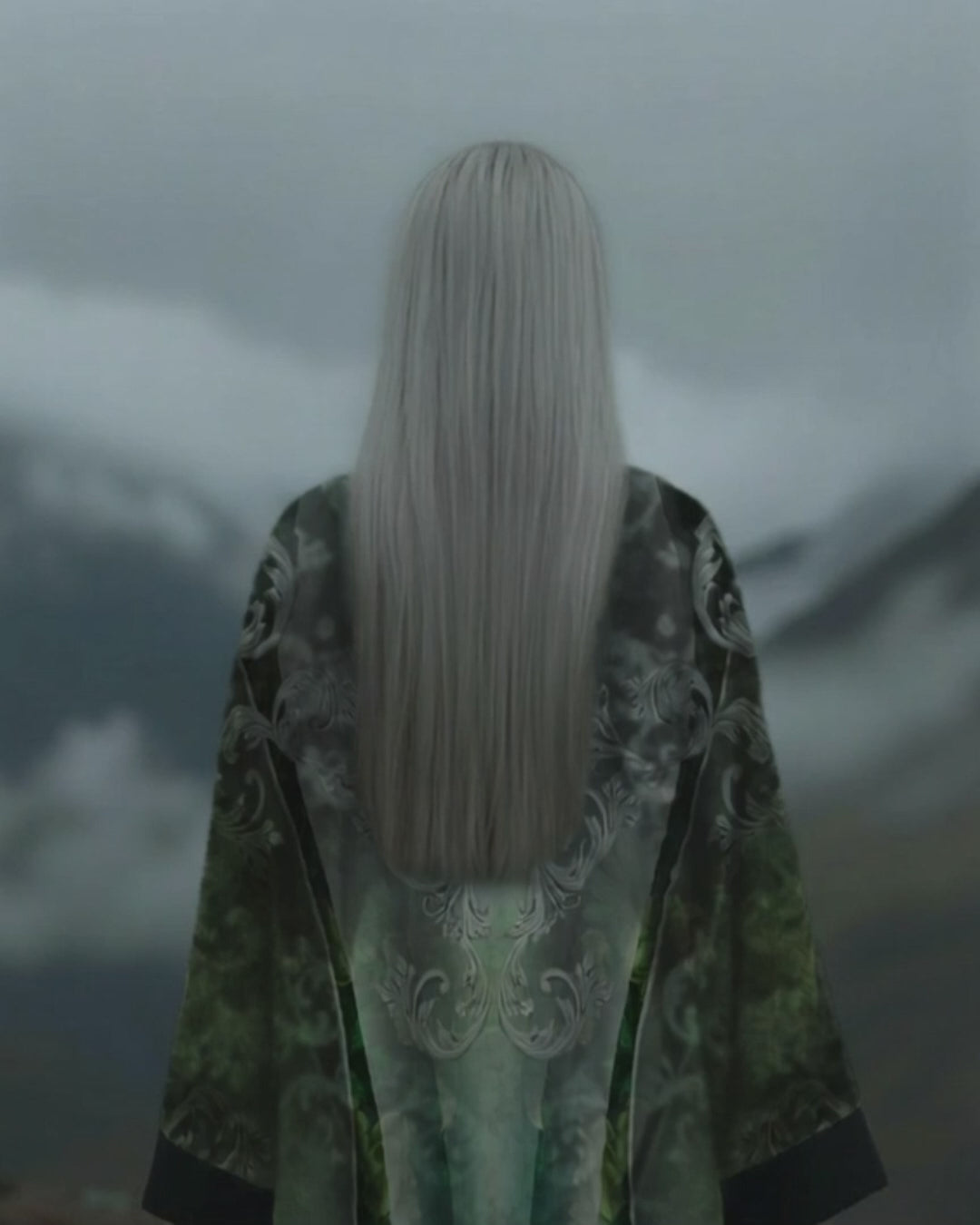 A nordic womam wearing the Emerald Portal Kimono from the Karuma blackforest fashion brand