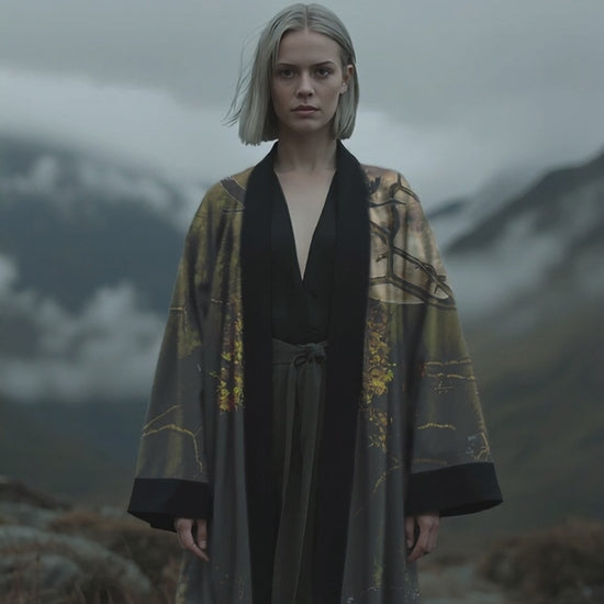 Elegant statement kimono inspired by nature, featuring soft greens and warm tones of an afternoon in the woods and highlands