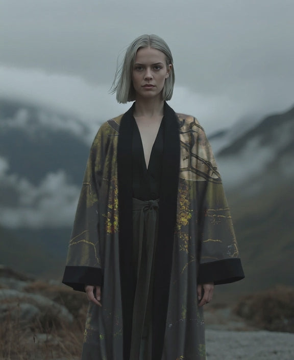 Elegant statement kimono inspired by nature, featuring soft greens and warm tones of an afternoon in the woods and highlands