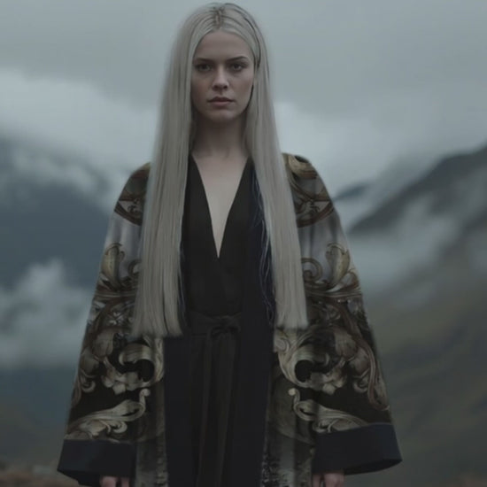 Ethereal designer kimono in pale silver tones