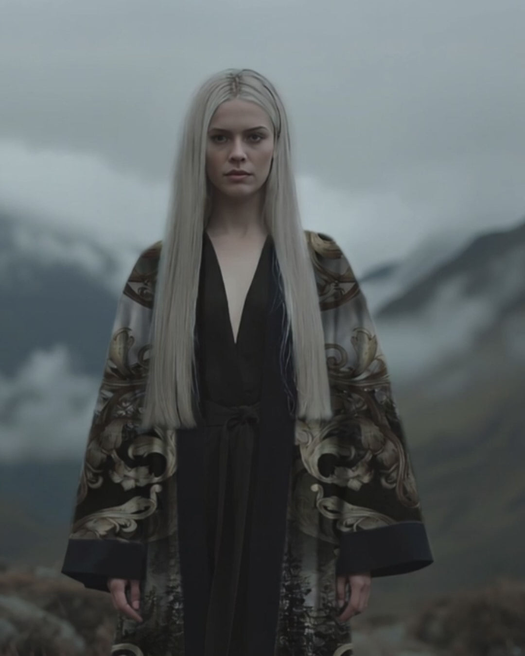Ethereal designer kimono in pale silver tones