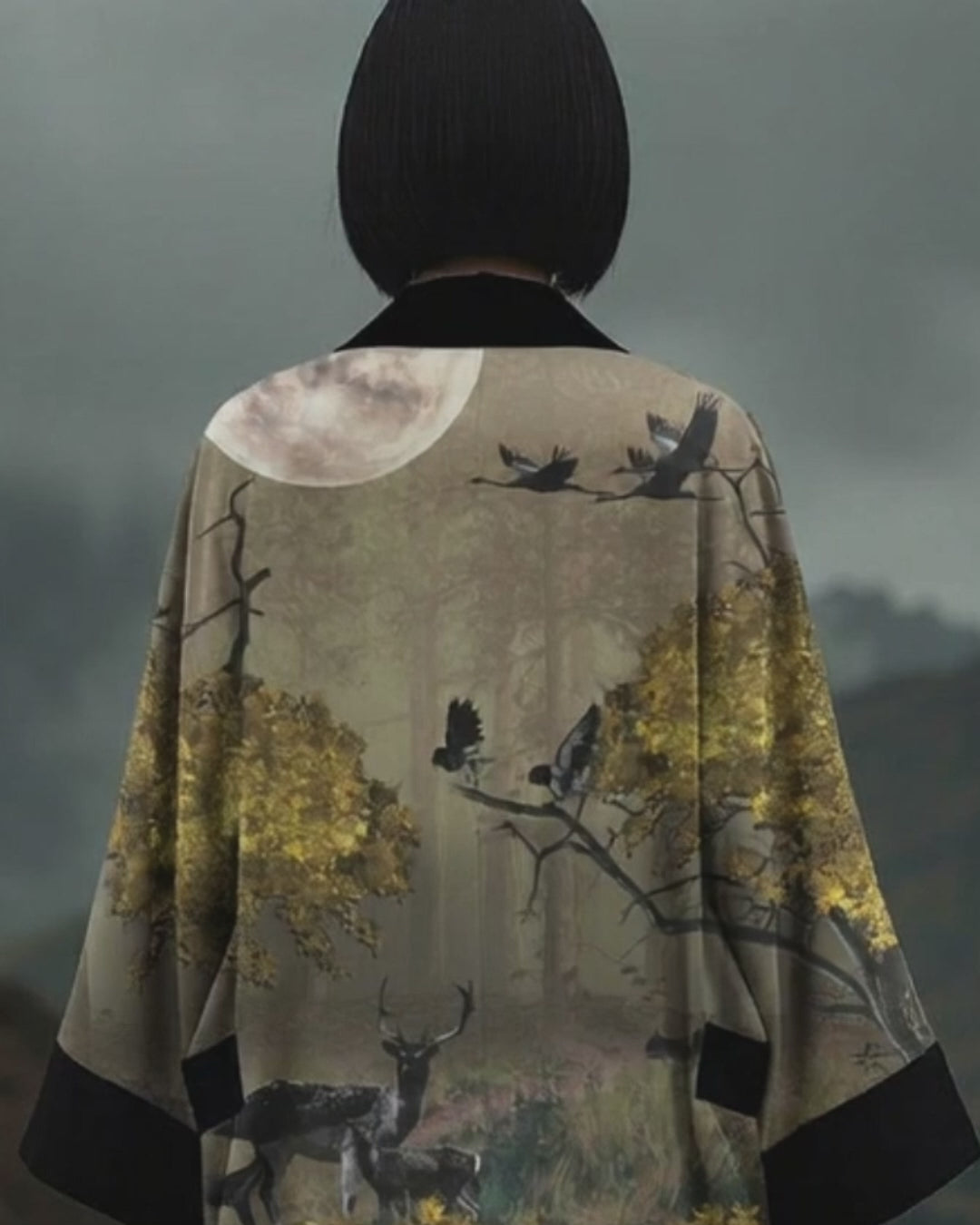 Elegant designer kimono in dark tones with golden botanical pattern, powerful outdoor forest nights fashion portrait