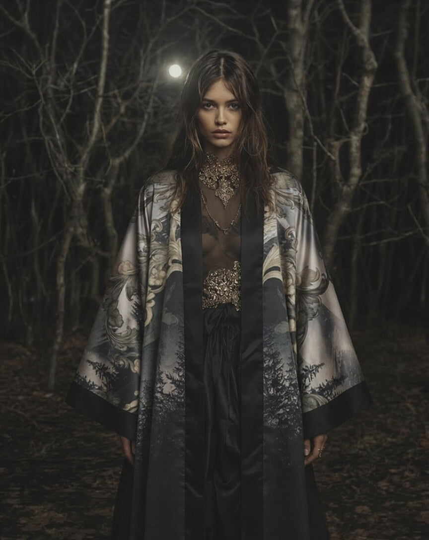 Load video: Late evening. The forest darkens.
Baroque shadows on ancient bark.
This is where it began. Silver and gold baroque scrollwork on deep charcoal black, Black Forest landscape elements visible in the print, black border trim, wide sleeves. Woman standing still, facing camera, long silver-white straight hair.